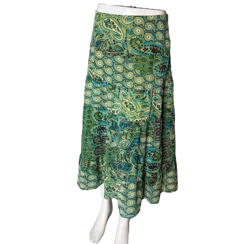 EMMA JAMES Flowy Boho Maxi Skirt Paisley Earthy Summer Spring Sage Green Size 6 - Picture 3 of 11